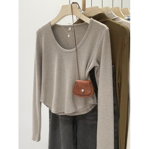 春秋U領小個子修身純色打底衫女2025不規則正肩長袖內搭T恤短上衣 春秋U領小個子修身純色打底衫女2025不規則正肩長袖內搭T恤短上衣