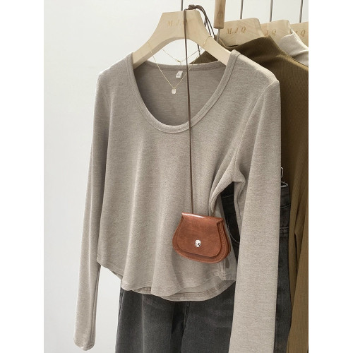 春秋U領小個子修身純色打底衫女2025不規則正肩長袖內搭T恤短上衣 春秋U領小個子修身純色打底衫女2025不規則正肩長袖內搭T恤短上衣