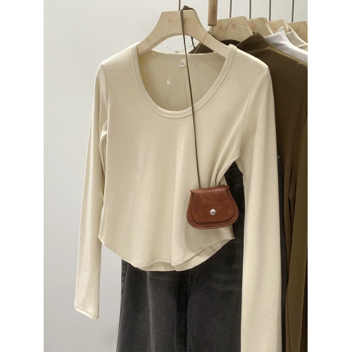 春秋U領小個子修身純色打底衫女2025不規則正肩長袖內搭T恤短上衣 春秋U領小個子修身純色打底衫女2025不規則正肩長袖內搭T恤短上衣