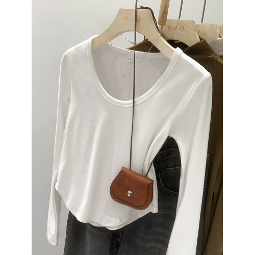 春秋U領小個子修身純色打底衫女2025不規則正肩長袖內搭T恤短上衣 春秋U領小個子修身純色打底衫女2025不規則正肩長袖內搭T恤短上衣