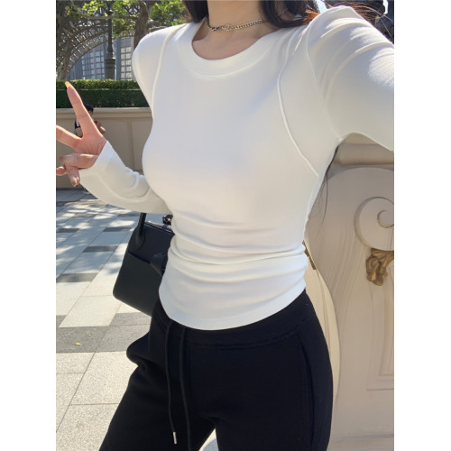 秋冬季緊身正肩小衆拼接軟糯打底衫內搭磨毛加薄絨上衣長袖T恤女