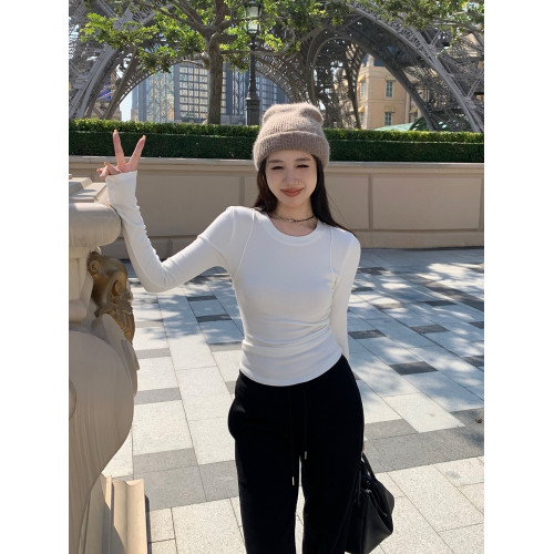 秋冬季緊身正肩小衆拼接軟糯打底衫內搭磨毛加薄絨上衣長袖T恤女