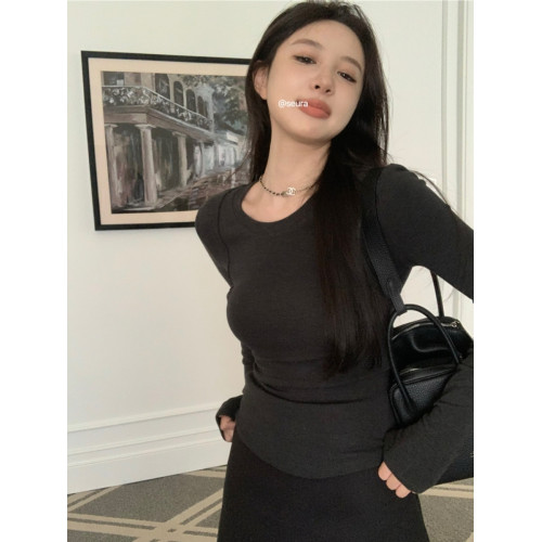 秋冬季緊身正肩小衆拼接軟糯打底衫內搭磨毛加薄絨上衣長袖T恤女