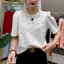 小香風重工訂珠釘鑽泡泡袖t恤女2025年夏季新款絕美顯瘦圓領上衣
