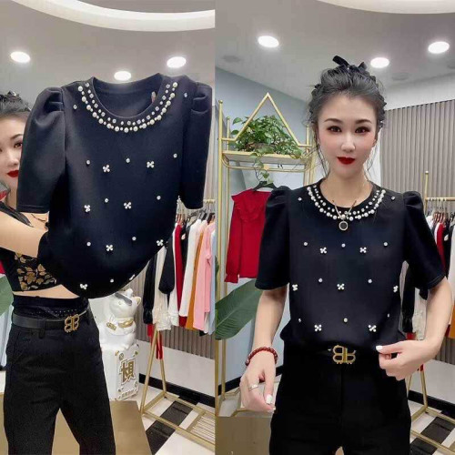 小香風重工訂珠釘鑽泡泡袖t恤女2025年夏季新款絕美顯瘦圓領上衣