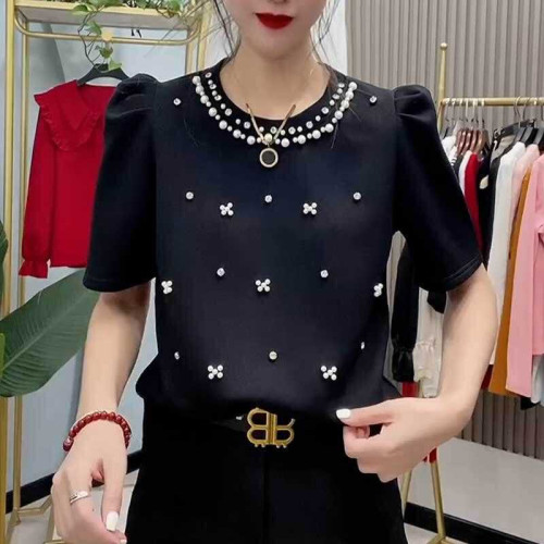 小香風重工訂珠釘鑽泡泡袖t恤女2025年夏季新款絕美顯瘦圓領上衣