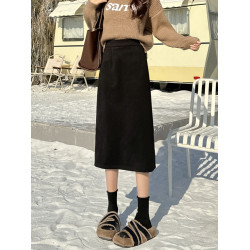 棕色毛呢半身裙女秋冬小個子搭配中長款直筒a字開叉包臀一步裙xxs