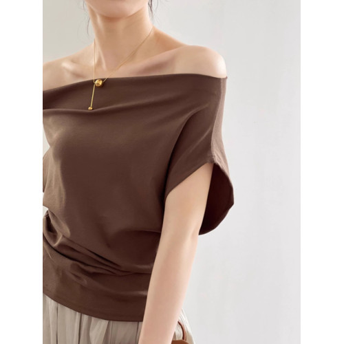 黑色性感一字領露肩短袖t恤女夏季百搭別致韓版上衣服高級設計感