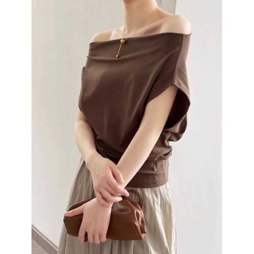 黑色性感一字領露肩短袖t恤女夏季百搭別致韓版上衣服高級設計感