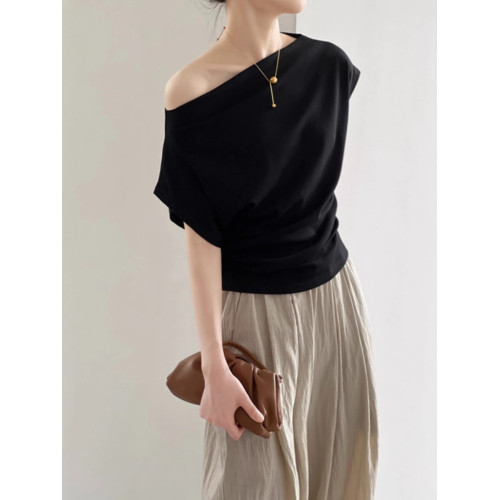 黑色性感一字領露肩短袖t恤女夏季百搭別致韓版上衣服高級設計感