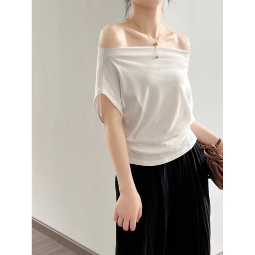 黑色性感一字領露肩短袖t恤女夏季百搭別致韓版上衣服高級設計感