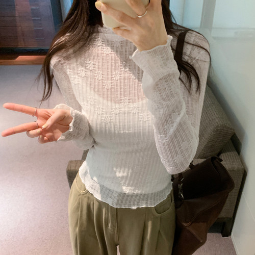 suseyiku 法式木耳邊蕾絲微透純色長袖T恤女秋2024年新款打底衫 suseyiku 法式木耳邊蕾絲微透純色長袖T恤女秋2024年新款打底衫