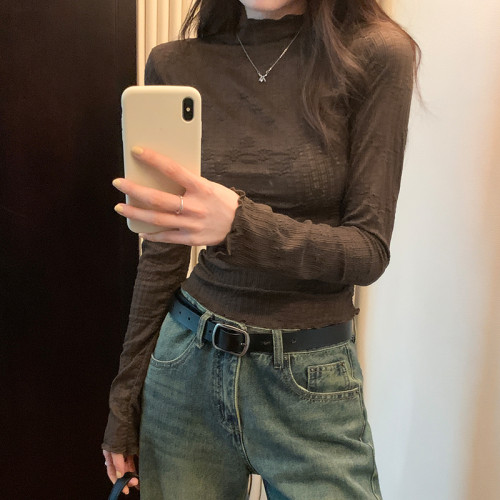 suseyiku 法式木耳邊蕾絲微透純色長袖T恤女秋2024年新款打底衫 suseyiku 法式木耳邊蕾絲微透純色長袖T恤女秋2024年新款打底衫