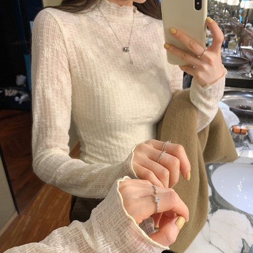 suseyiku 法式木耳邊蕾絲微透純色長袖T恤女秋2024年新款打底衫 suseyiku 法式木耳邊蕾絲微透純色長袖T恤女秋2024年新款打底衫