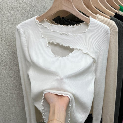 300斤大碼女裝胖mm秋冬季純欲木耳邊上衣設計感小衆打底衫女內搭2