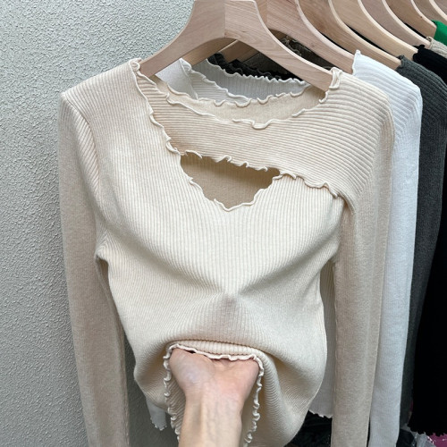 300斤大碼女裝胖mm秋冬季純欲木耳邊上衣設計感小衆打底衫女內搭2