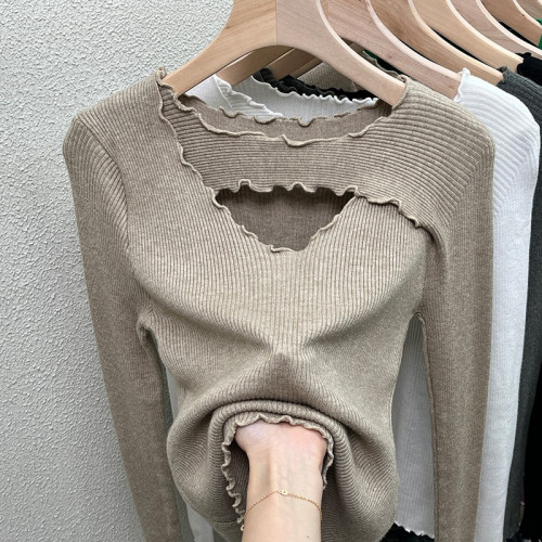 300斤大碼女裝胖mm秋冬季純欲木耳邊上衣設計感小衆打底衫女內搭2