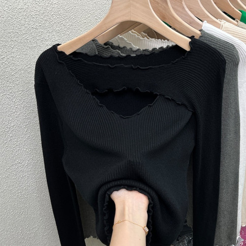 300斤大碼女裝胖mm秋冬季純欲木耳邊上衣設計感小衆打底衫女內搭2