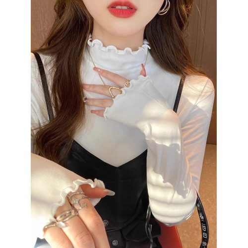 白色半高領木耳邊設計長袖t恤女裝秋季新款氣質內搭打底衫上衣服