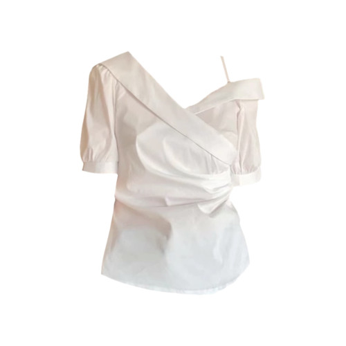 法式氣質白色吊帶短袖襯衫女夏季2025新款獨特超好看修身露肩上衣