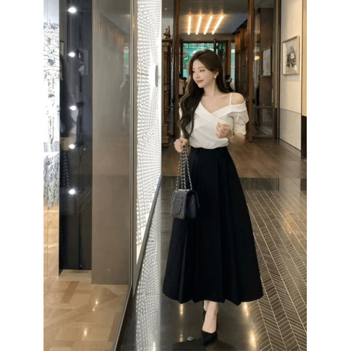 法式氣質白色吊帶短袖襯衫女夏季2025新款獨特超好看修身露肩上衣