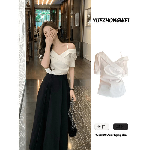 法式氣質白色吊帶短袖襯衫女夏季2025新款獨特超好看修身露肩上衣