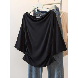 大碼一字領七分中袖t恤2025夏季新款胖mm寬松顯瘦褶皺喇叭袖上衣