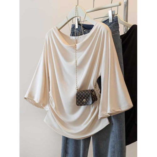 大碼一字領七分中袖t恤2025夏季新款胖mm寬松顯瘦褶皺喇叭袖上衣