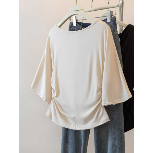 大碼一字領七分中袖t恤2025夏季新款胖mm寬松顯瘦褶皺喇叭袖上衣