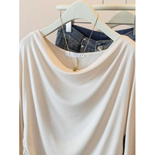 大碼一字領七分中袖t恤2025夏季新款胖mm寬松顯瘦褶皺喇叭袖上衣