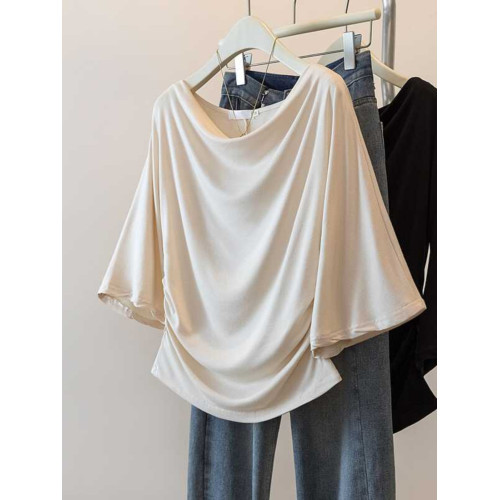 大碼一字領七分中袖t恤2025夏季新款胖mm寬松顯瘦褶皺喇叭袖上衣