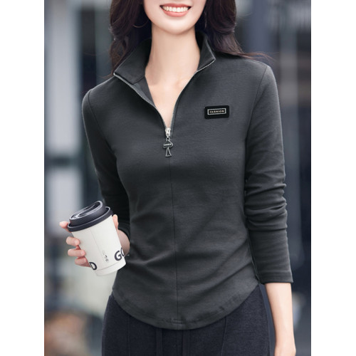半高領拉鍊顯瘦長袖t恤女裝2025秋裝新款洋氣黑色百搭上衣打底衫 半高領拉鍊顯瘦長袖t恤女裝2025秋裝新款洋氣黑色百搭上衣打底衫