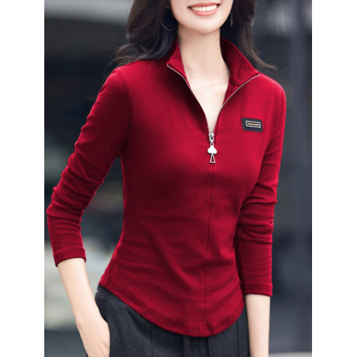 半高領拉鍊顯瘦長袖t恤女裝2025秋裝新款洋氣黑色百搭上衣打底衫 半高領拉鍊顯瘦長袖t恤女裝2025秋裝新款洋氣黑色百搭上衣打底衫