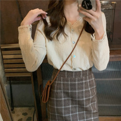 大碼胖妹妹法式春秋新款復古蕾絲襯衫女溫柔風v領襯衣設計感小衆