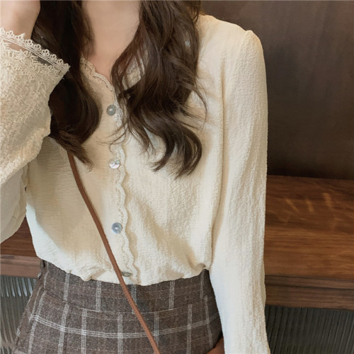 大碼胖妹妹法式春秋新款復古蕾絲襯衫女溫柔風v領襯衣設計感小衆