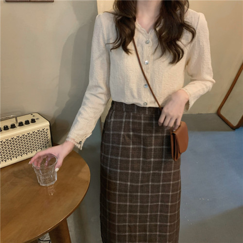 大碼胖妹妹法式春秋新款復古蕾絲襯衫女溫柔風v領襯衣設計感小衆