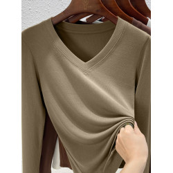 時尚摩卡色v領長袖打底衫女士大碼秋裝莫代爾彈性內搭修身t恤上衣