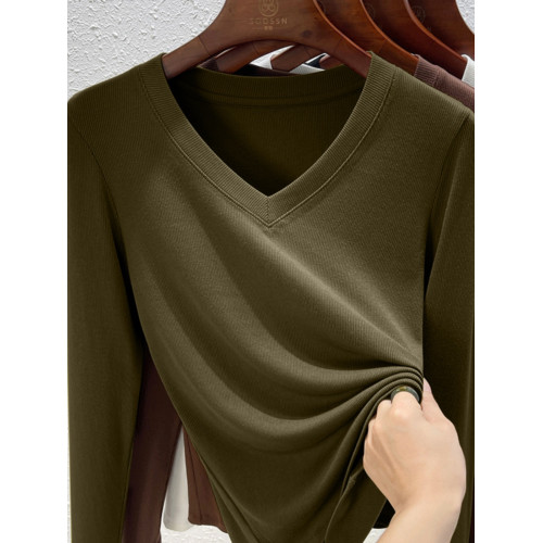 時尚摩卡色v領長袖打底衫女士大碼秋裝莫代爾彈性內搭修身t恤上衣