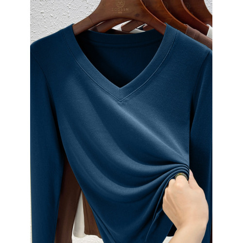 時尚摩卡色v領長袖打底衫女士大碼秋裝莫代爾彈性內搭修身t恤上衣