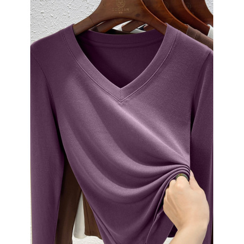 時尚摩卡色v領長袖打底衫女士大碼秋裝莫代爾彈性內搭修身t恤上衣