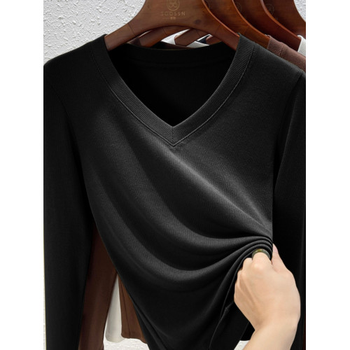 時尚摩卡色v領長袖打底衫女士大碼秋裝莫代爾彈性內搭修身t恤上衣