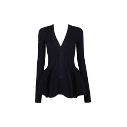 黑色V領長袖針織開衫連衣裙女2025早秋季新款收腰顯瘦花苞短裙子