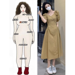 黑色赫本風收腰連衣裙女夏季大碼胖mm遮肉顯瘦法式高級v領長裙子