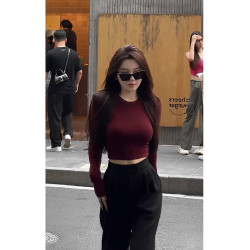 港風復古酒紅色內搭打底衫女洋氣圓領螺紋緊身T恤高腰露臍上衣春