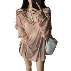 大碼夏季薄款純欲風長袖防曬T恤女胖mm慵懶風寬松顯瘦V領罩衫上衣