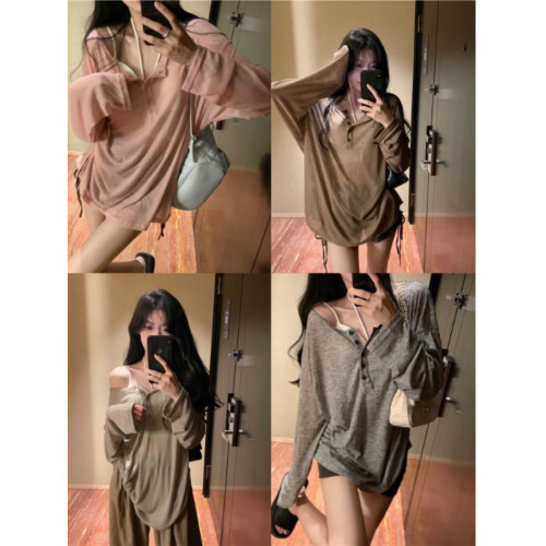 大碼夏季薄款純欲風長袖防曬T恤女胖mm慵懶風寬松顯瘦V領罩衫上衣 大碼夏季薄款純欲風長袖防曬T恤女胖mm慵懶風寬松顯瘦V領罩衫上衣