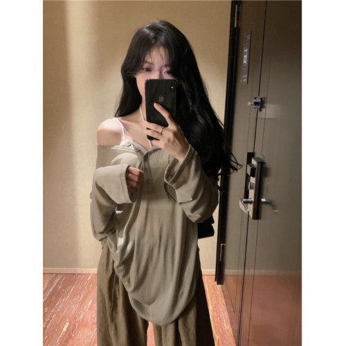 大碼夏季薄款純欲風長袖防曬T恤女胖mm慵懶風寬松顯瘦V領罩衫上衣 大碼夏季薄款純欲風長袖防曬T恤女胖mm慵懶風寬松顯瘦V領罩衫上衣