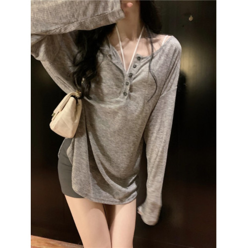 大碼夏季薄款純欲風長袖防曬T恤女胖mm慵懶風寬松顯瘦V領罩衫上衣 大碼夏季薄款純欲風長袖防曬T恤女胖mm慵懶風寬松顯瘦V領罩衫上衣