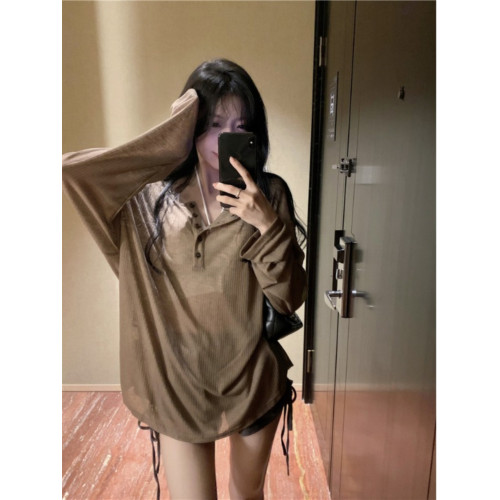 大碼夏季薄款純欲風長袖防曬T恤女胖mm慵懶風寬松顯瘦V領罩衫上衣 大碼夏季薄款純欲風長袖防曬T恤女胖mm慵懶風寬松顯瘦V領罩衫上衣