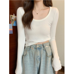 長袖t恤女2025低領百搭秋冬季螺紋棉正肩緊身U領打底衫磨毛上衣女